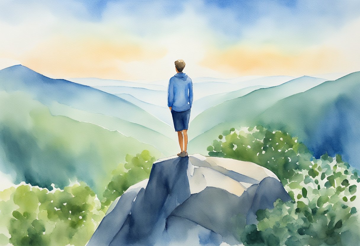 A serene figure stands atop a mountain, surrounded by lush greenery and a clear blue sky. The figure exudes strength and resilience, embodying the journey of overcoming cancer and thriving in life
