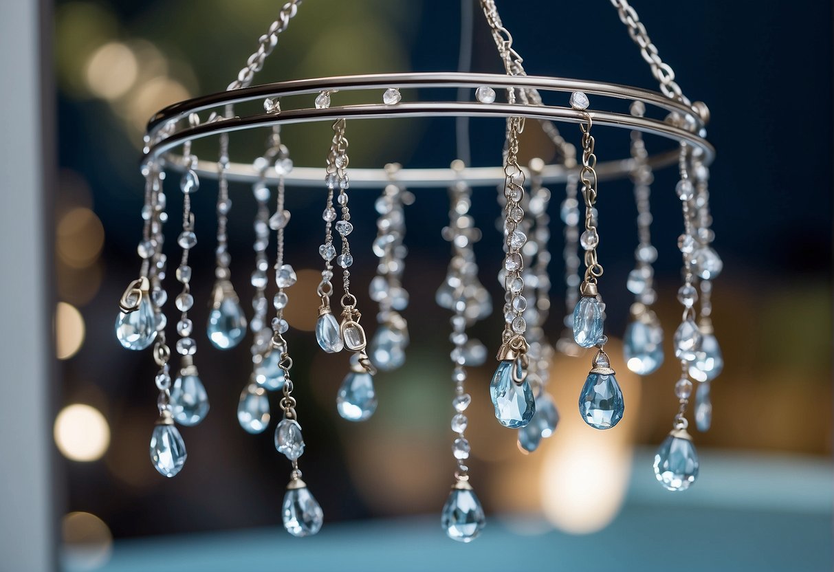 A Pandora bracelet hangs from a shower caddy, water droplets glisten on its charms