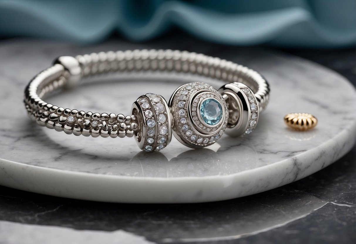 A Pandora bracelet lies on a marble countertop, adorned with various charms and made of sterling silver and high-quality materials. A showerhead in the background suggests the question of whether the bracelet is suitable for showering