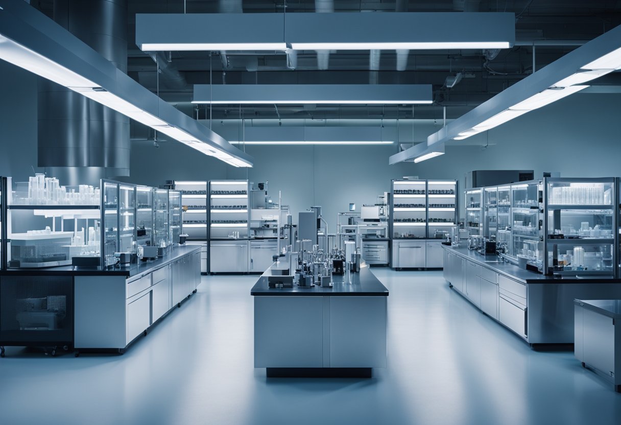 Cutting-edge equipment and scientific tools fill the laboratory, surrounded by sleek, modern furniture. Test tubes and beakers line the shelves, while high-tech devices hum with activity