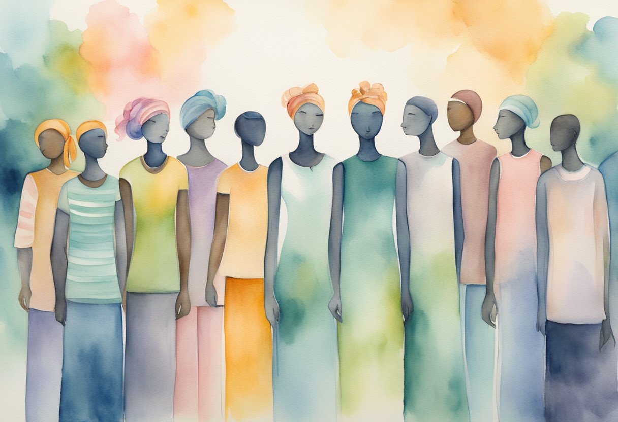 A group of cancer thrivers standing tall and confident, speaking up for themselves and others, surrounded by symbols of strength and resilience