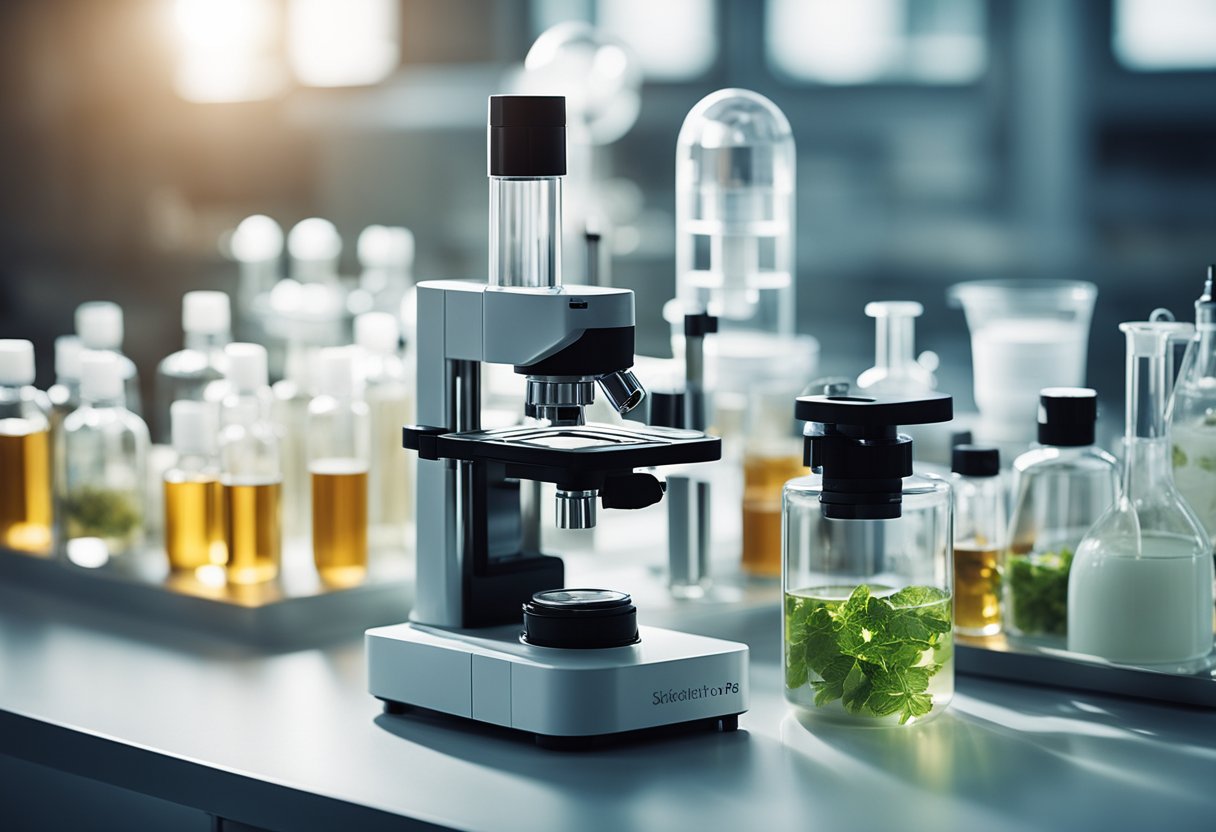 A laboratory with natural ingredients and scientific equipment, showcasing innovation in skincare