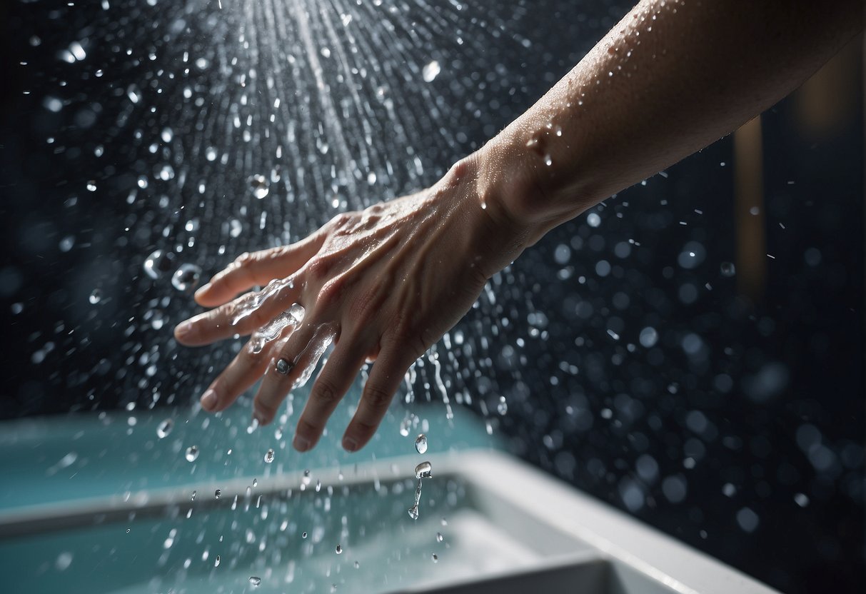 A hand reaches out to a running shower, wearing a Pandora bracelet. Water droplets splash against the jewelry, while steam fills the room