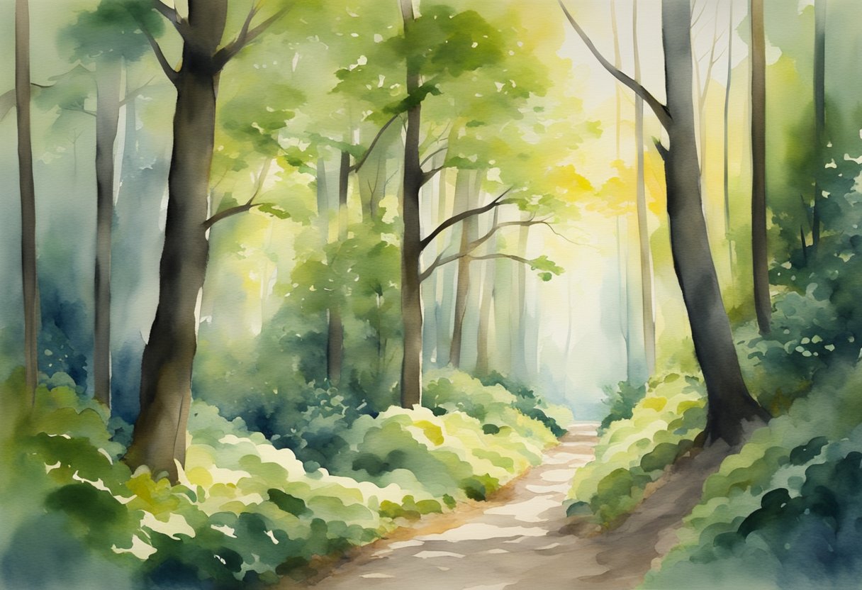 A winding path through a dense forest, with sunlight filtering through the trees, symbolizing the journey of uncertainty and survivorship challenges
