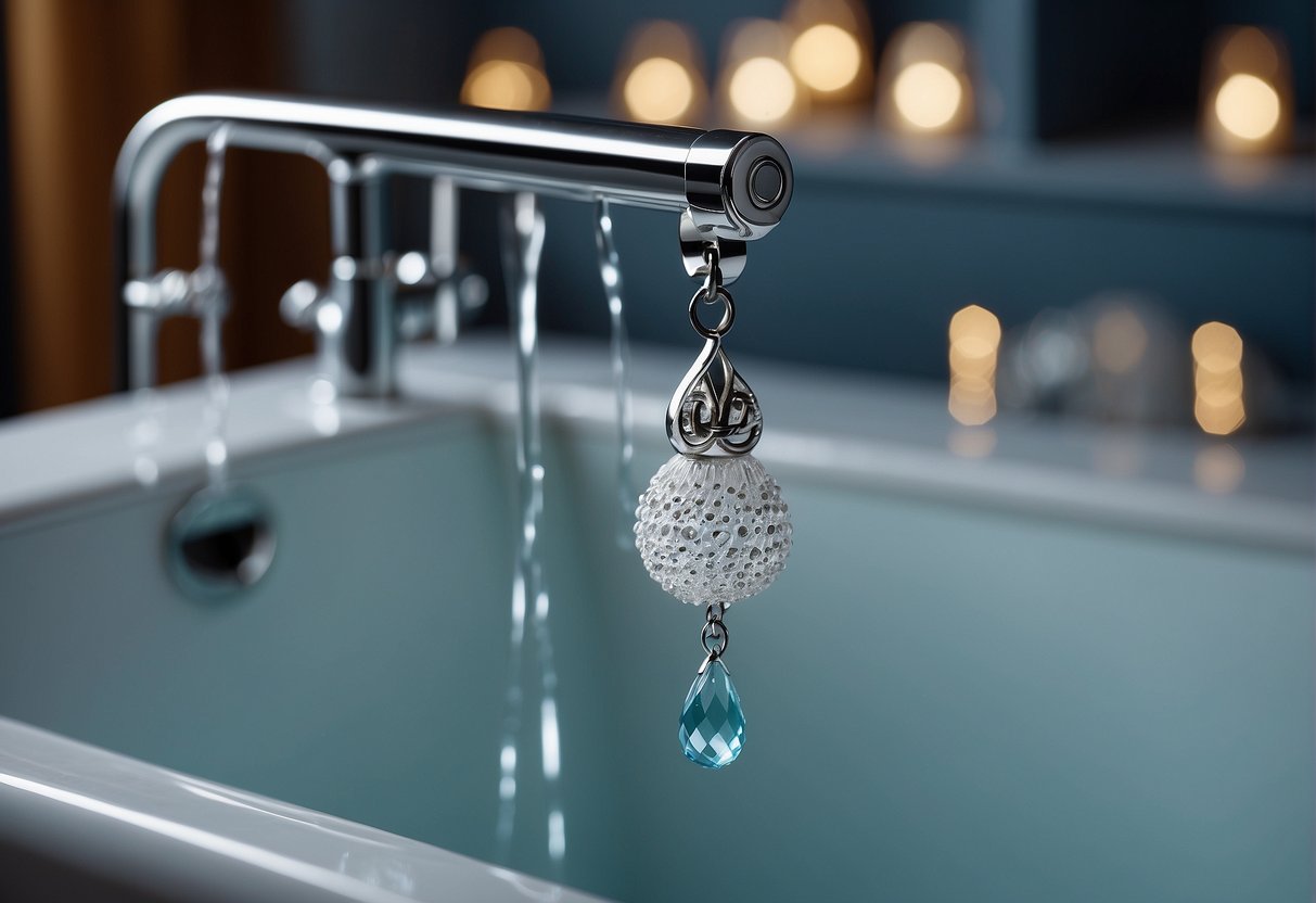 A Pandora bracelet dangles from a showerhead, water droplets glistening on its charms. A bar of soap rests nearby, adding to the bathroom scene