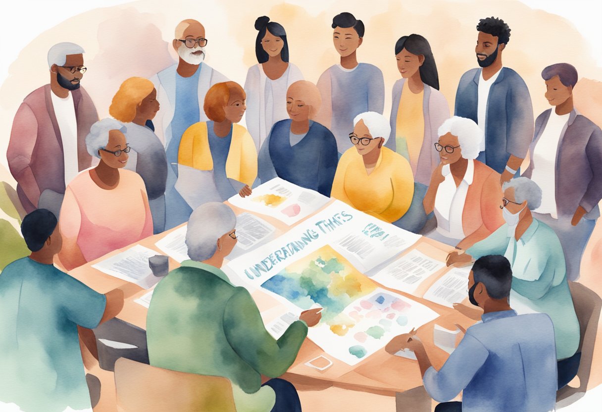 A group of diverse individuals gather, sharing knowledge and support. A banner reads "Understanding Cancer and Its Types Empowering Self-Advocacy, cancer thrivers."