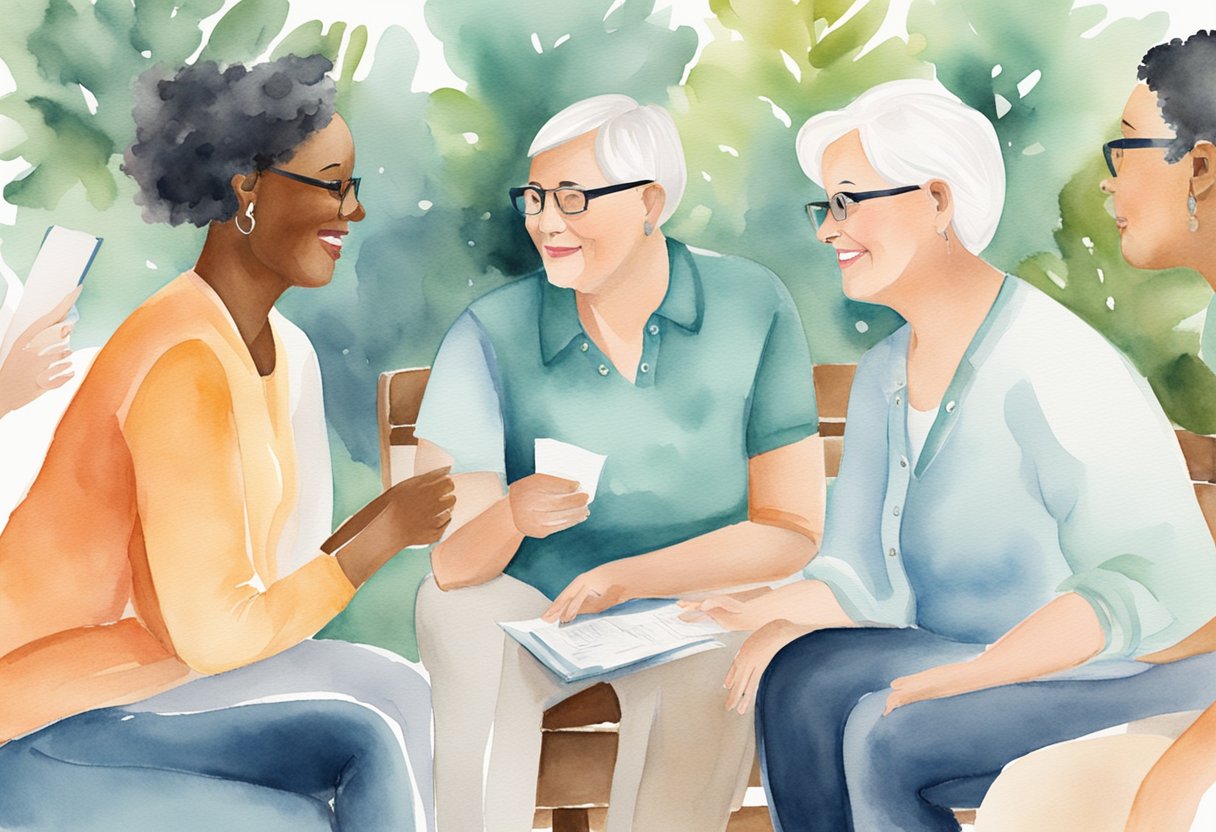A group of diverse individuals discuss financial and emotional support for cancer survivors. They share resources and strategies for navigating survivorship challenges