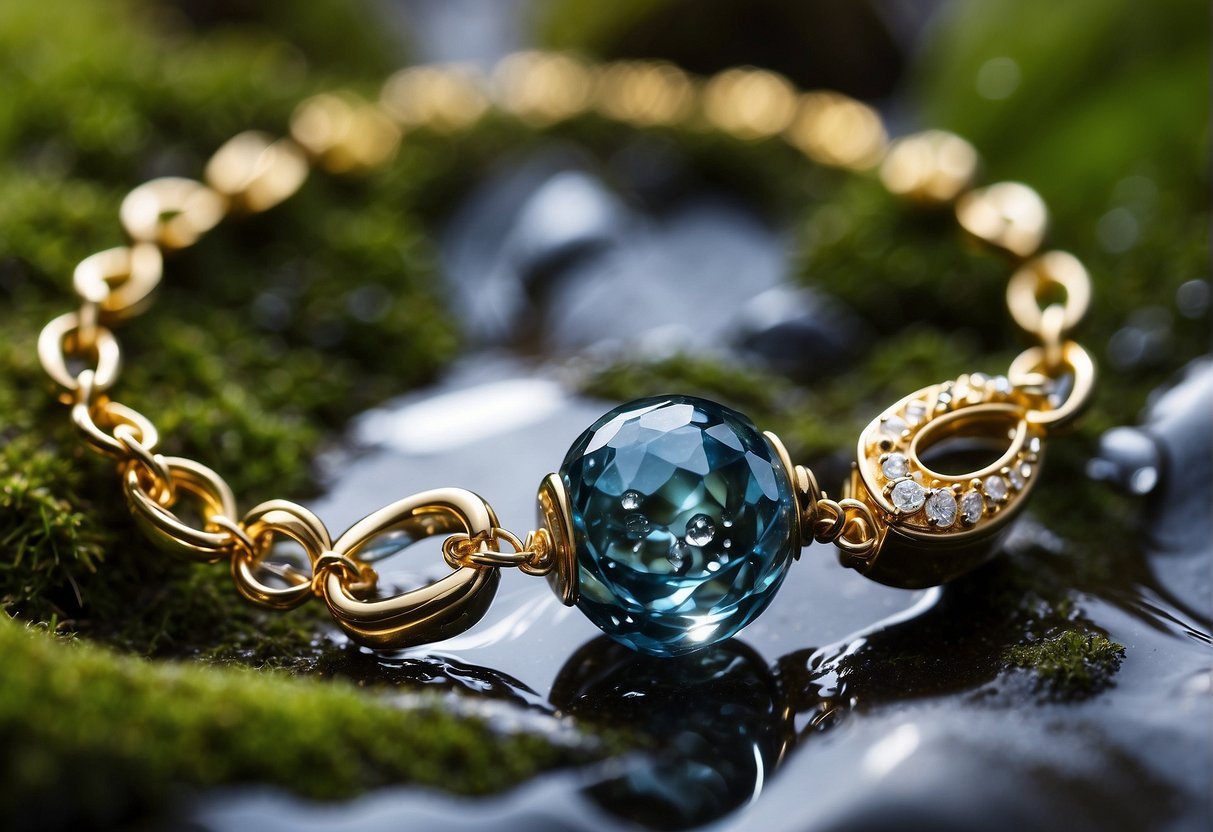 A Pandora bracelet glistens in the sunlight, droplets of water clinging to its delicate charms. A gentle stream flows nearby, as the bracelet lays on a mossy rock, untouched by the water's embrace