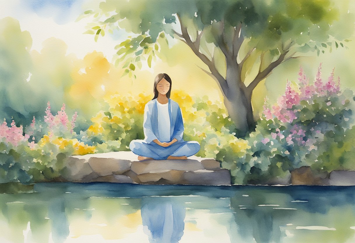 A figure meditates in a serene garden, surrounded by blooming flowers and tranquil water. Rays of sunlight illuminate the scene, evoking a sense of peace and healing