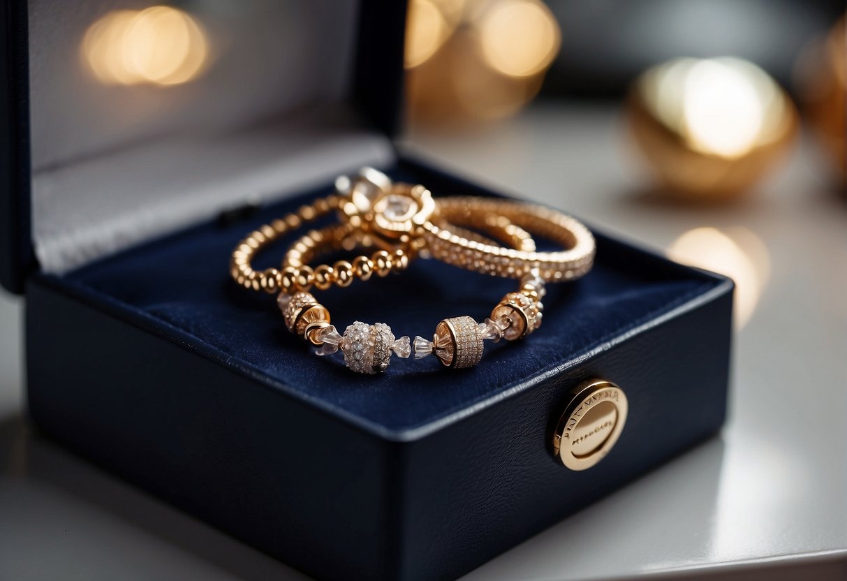 A Pandora bracelet is being gently wiped with a soft cloth, then placed in a jewelry box to protect it from moisture
