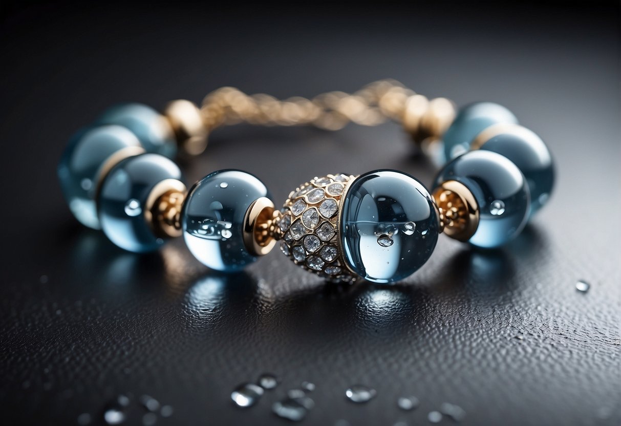 A Pandora bracelet lies on a wet surface, droplets glistening on its shiny charms and delicate chain