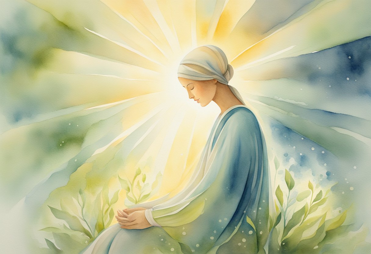 A serene figure surrounded by rays of light, symbolizing spiritual growth and resilience in the face of cancer