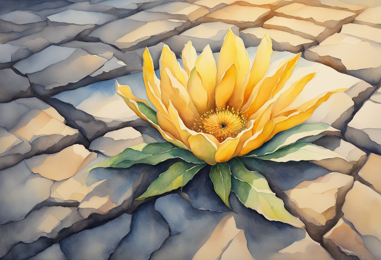 A vibrant flower blooms from a cracked pavement, symbolizing resilience and renewal. The sun casts warm, golden light on the scene, evoking hope and strength