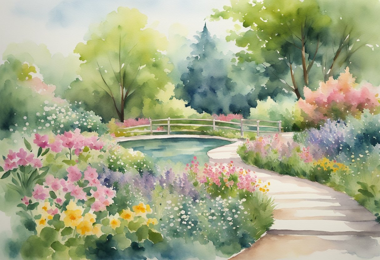 A serene garden with a winding path leading to a peaceful pond, surrounded by blooming flowers and lush greenery, evoking a sense of tranquility and spiritual exploration for cancer patients