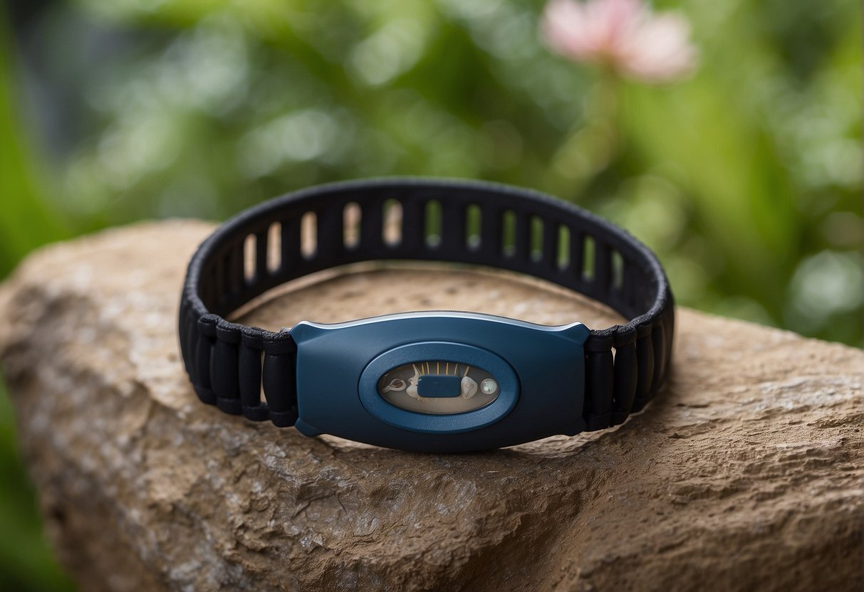 A mosquito repellent bracelet repels mosquitoes in a garden setting