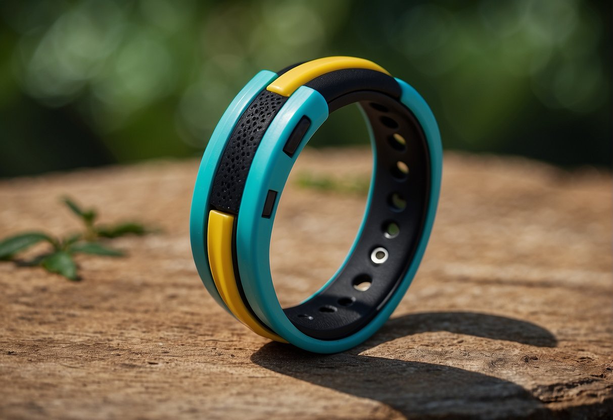 A mosquito repellent bracelet emits a protective barrier against insects, with a subtle scent and colorful design