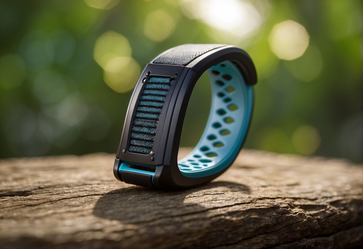 A mosquito repellent bracelet emits a protective shield around it, warding off mosquitoes in a serene outdoor setting
