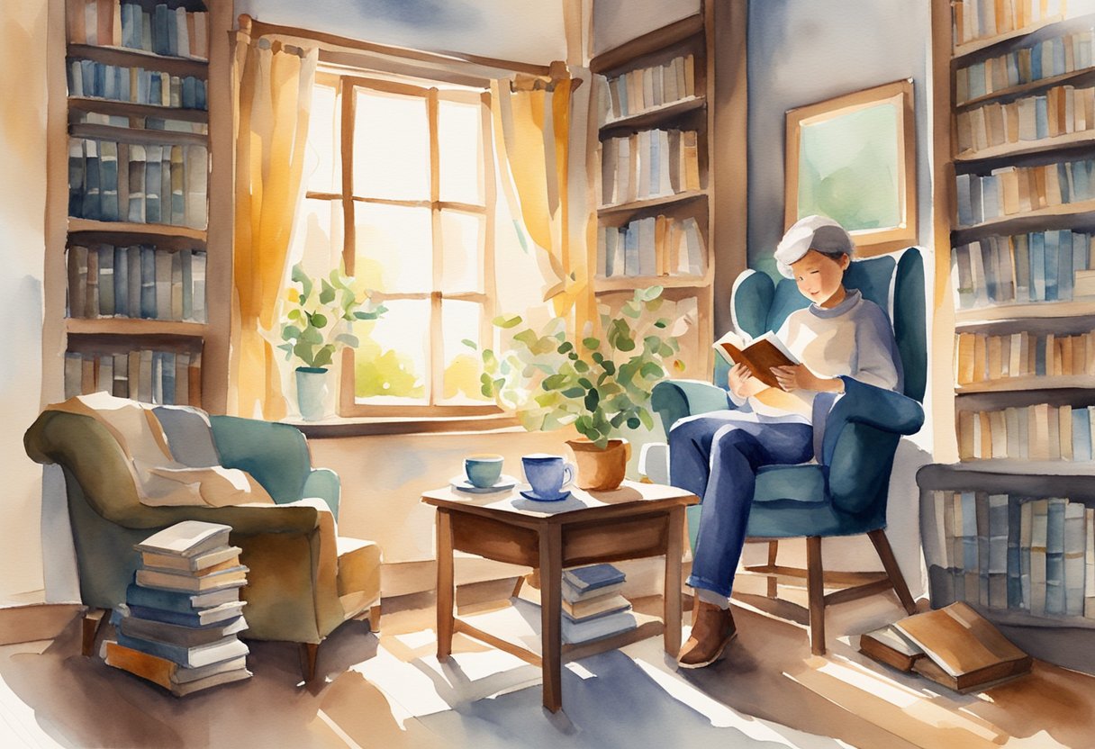 A person sits in a cozy chair, surrounded by books and a cup of tea. Sunlight streams in through the window, casting a warm glow on the peaceful scene