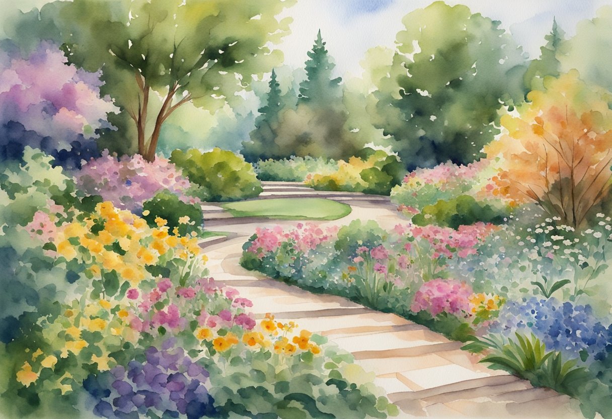 A peaceful garden with a winding path leading to a tranquil pond, surrounded by vibrant flowers and lush greenery, evoking a sense of spiritual exploration and healing for a cancer thriver