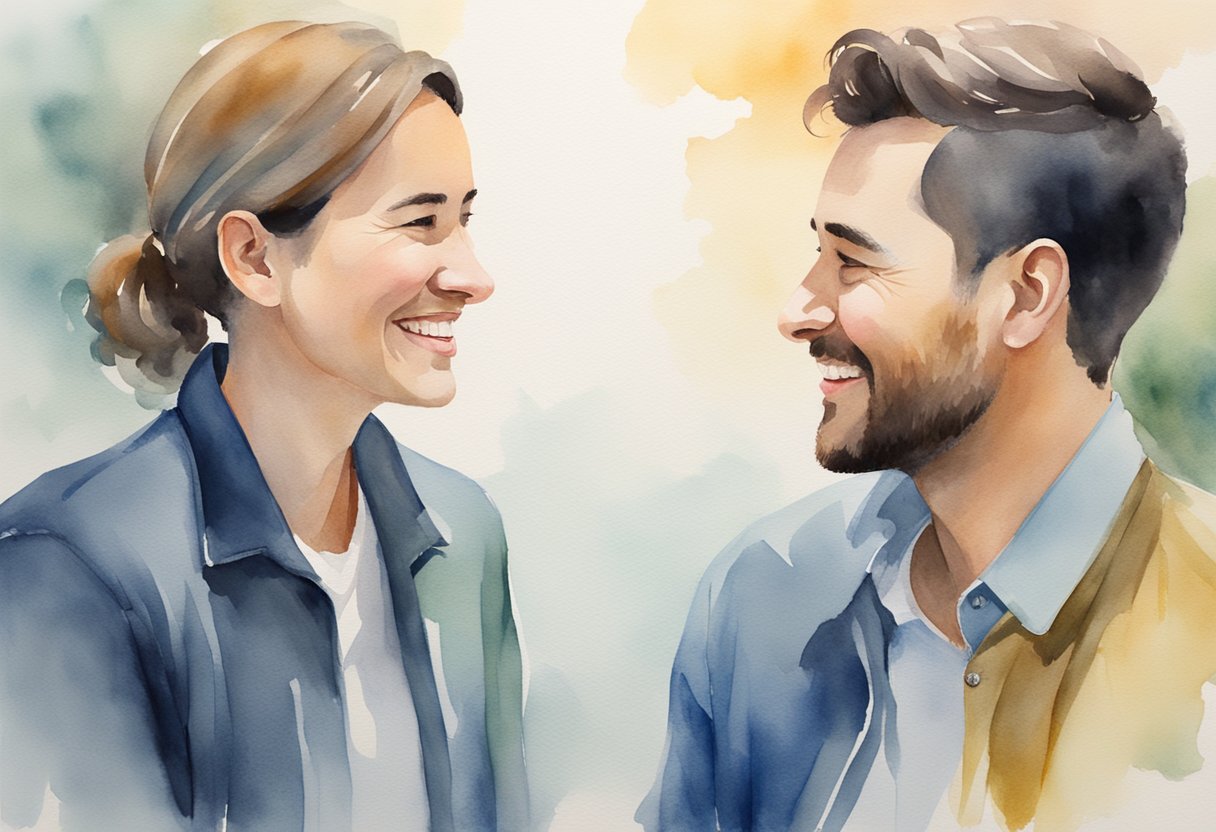 Two individuals facing each other, smiling and engaged in deep conversation, with open body language and a sense of connection
