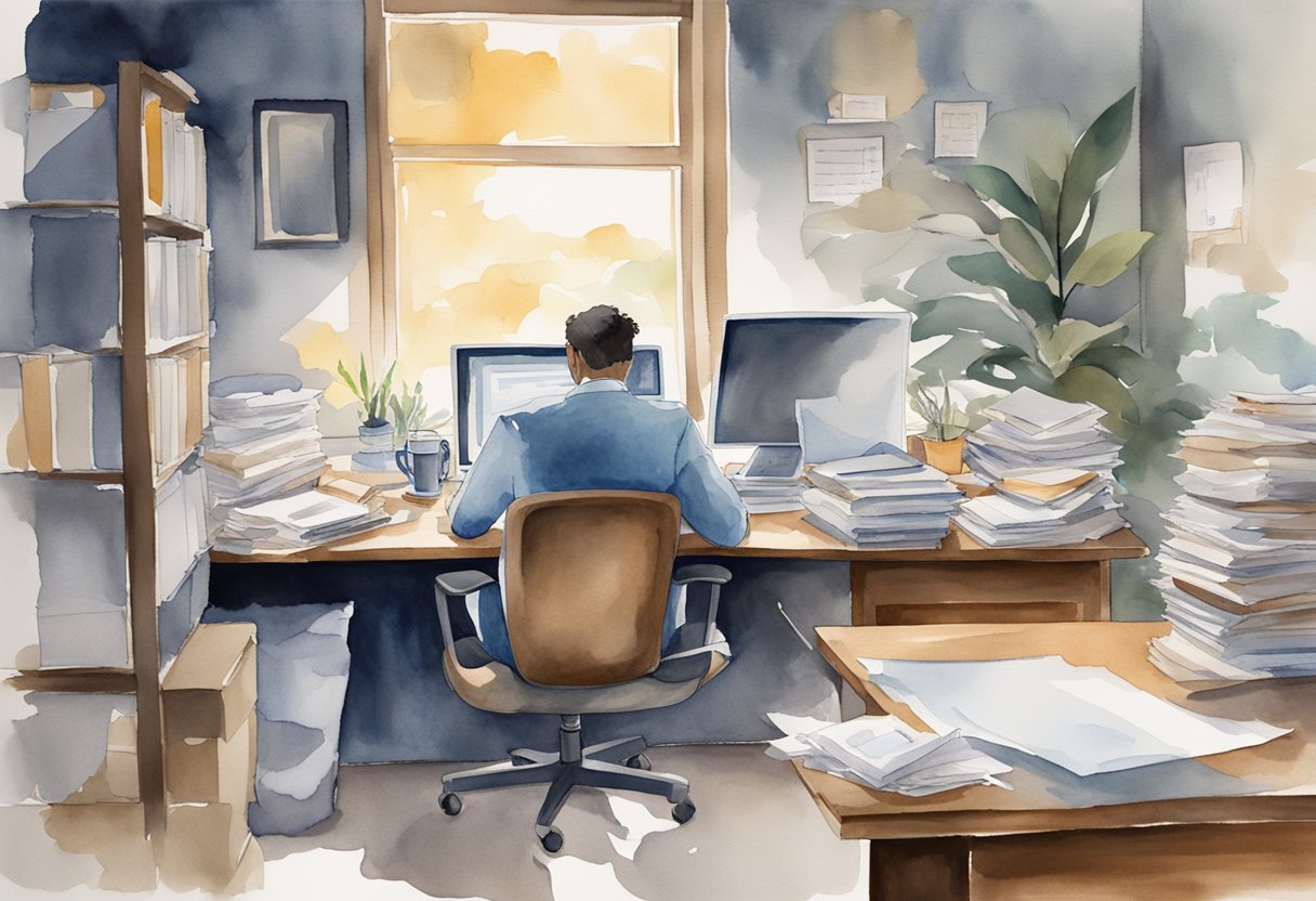 A person sits at a desk, surrounded by papers and a computer. They appear tired but focused, managing their post-treatment fatigue with determination