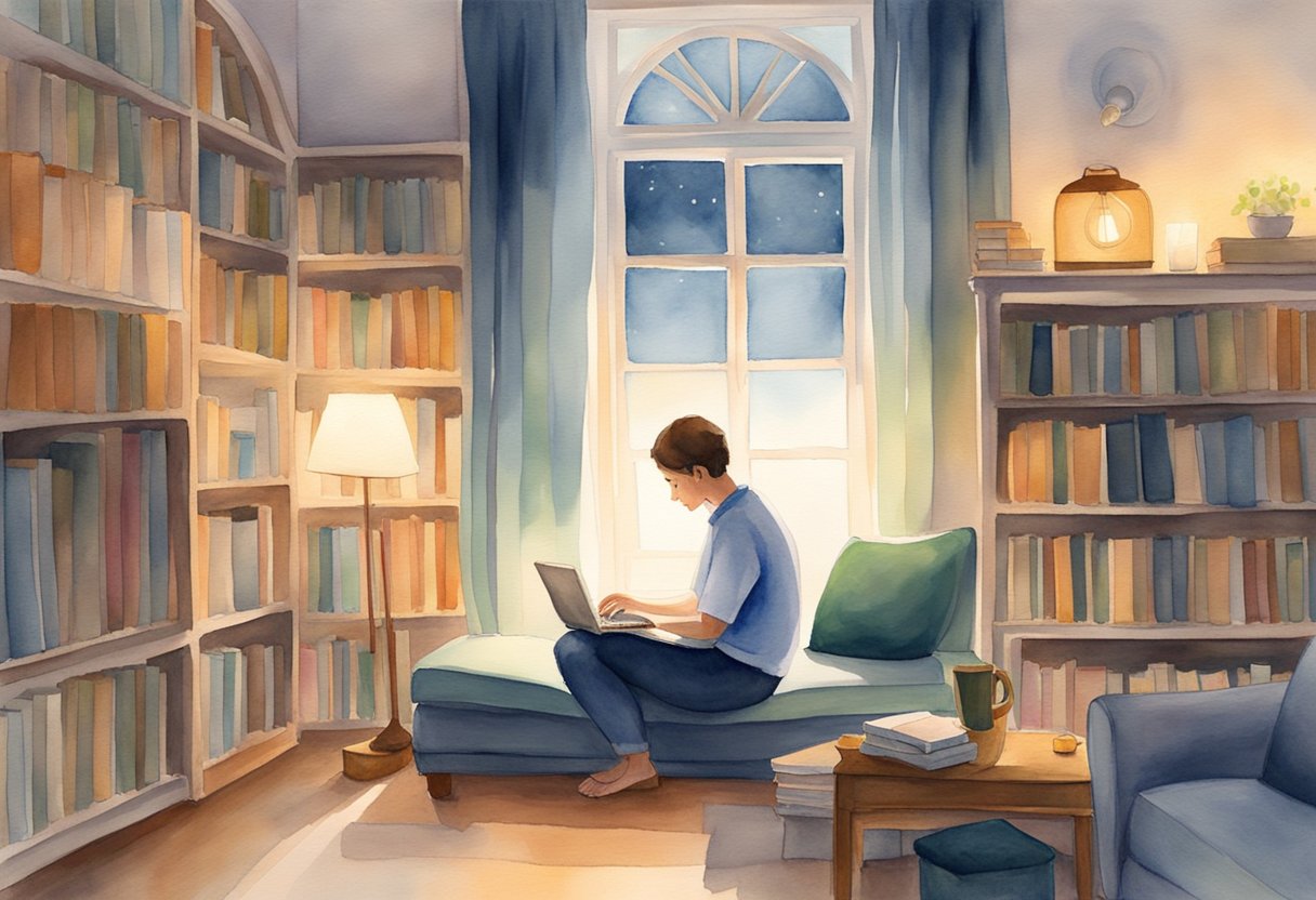 A person sitting in a peaceful room surrounded by books, a laptop, and a comforting atmosphere. A soft glow emanates from a lamp, creating a serene space for spiritual exploration and cancer support