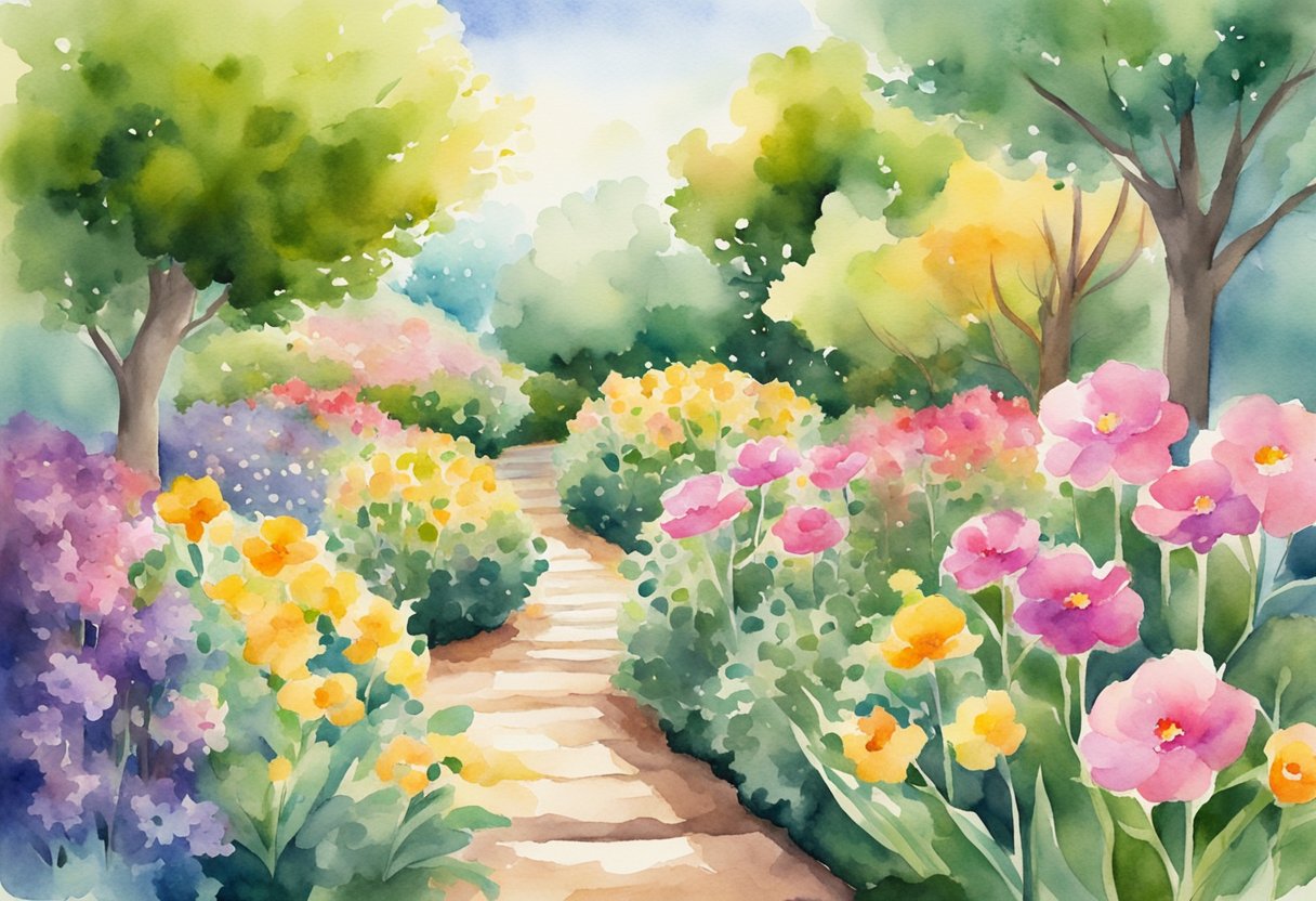 A vibrant garden with blooming flowers and a path leading towards a bright horizon, symbolizing hope and empowerment for cancer thrivers