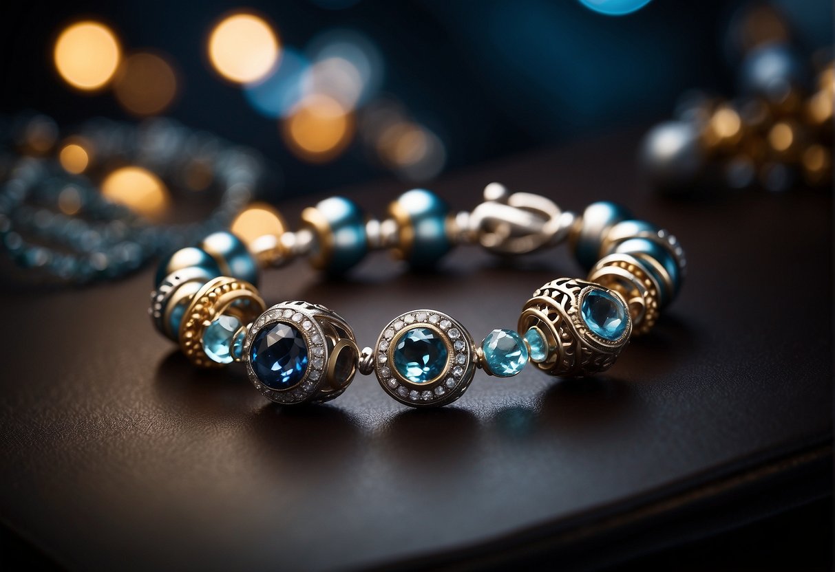 A Pandora bracelet tarnishes in a dimly lit room, surrounded by various jewelry pieces
