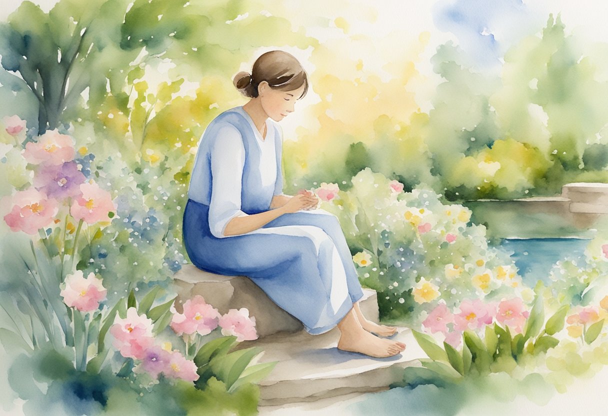 A person sitting in a peaceful garden, surrounded by blooming flowers and serene nature, reflecting on their journey as a cancer thriver and contemplating spiritual exploration