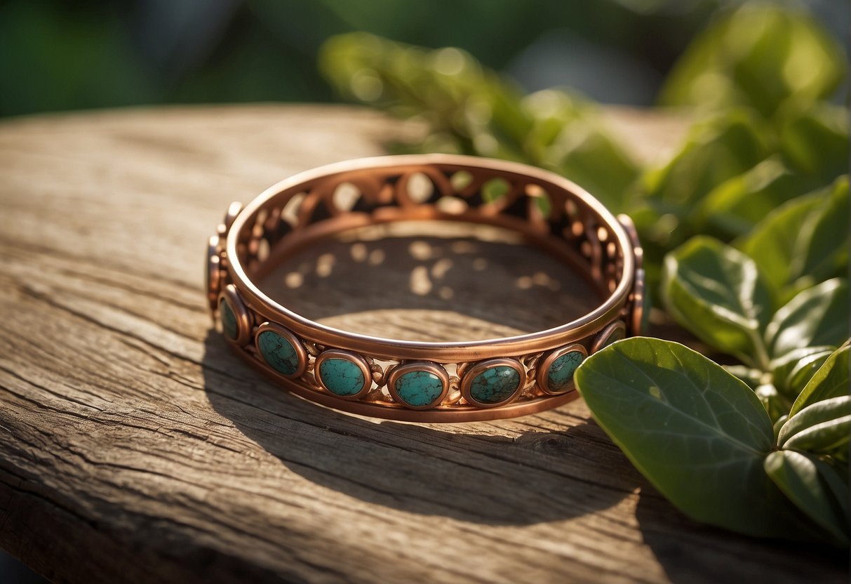 A copper bracelet lies on a wooden table, surrounded by natural elements like plants and stones, with a soft glow emanating from it