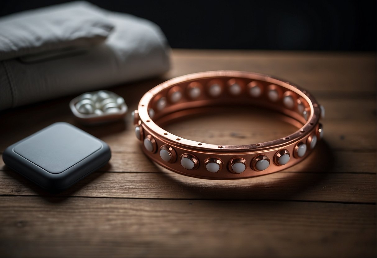 A copper bracelet lies on a wooden table, surrounded by scattered pills and a heating pad. The room is dimly lit, with a sense of calm and relaxation