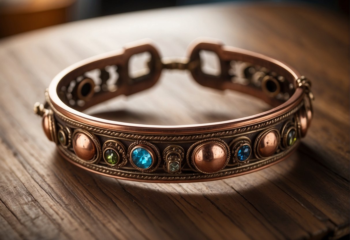A copper bracelet lies on a wooden table, surrounded by scientific studies and testimonials. A sense of skepticism and curiosity lingers in the air