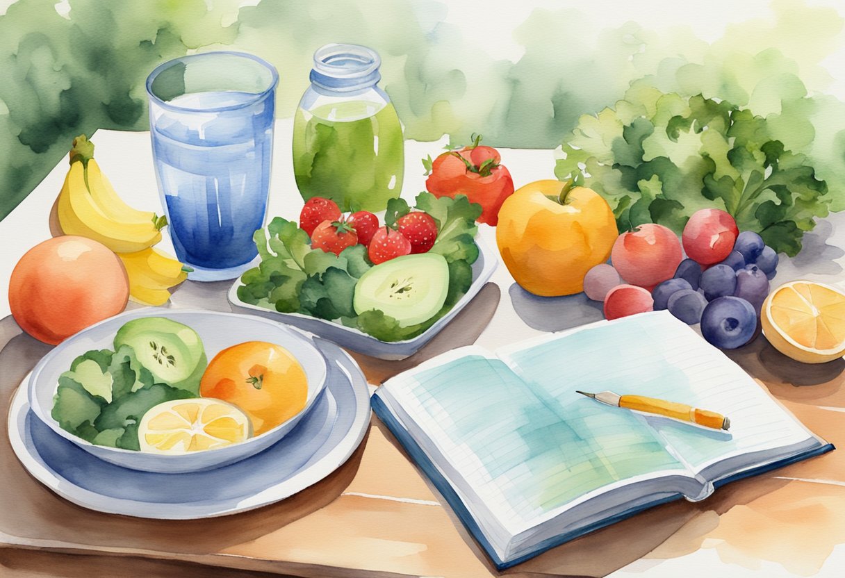 A table set with a balanced meal, fruits, vegetables, and lean protein. A glass of water and a nutrition guide book on the side