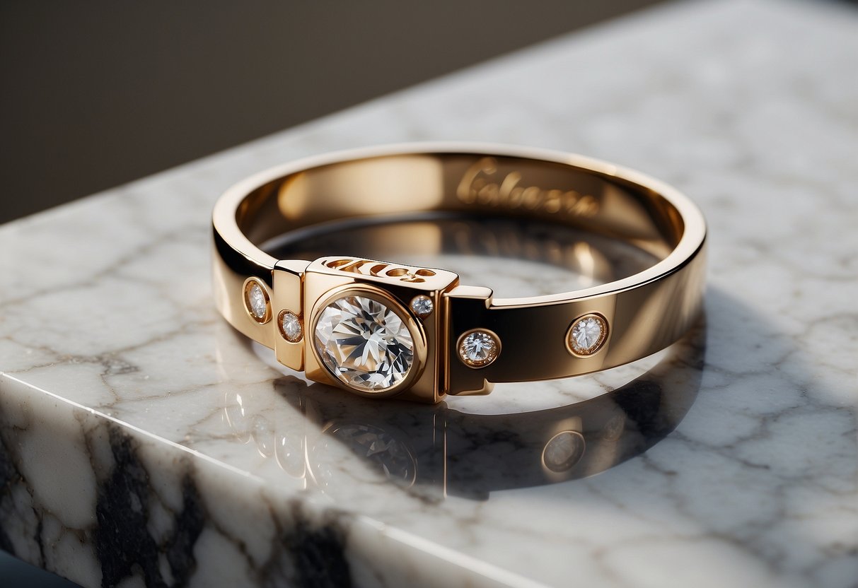 A Cartier Love Bracelet scratches against a diamond ring on a marble countertop
