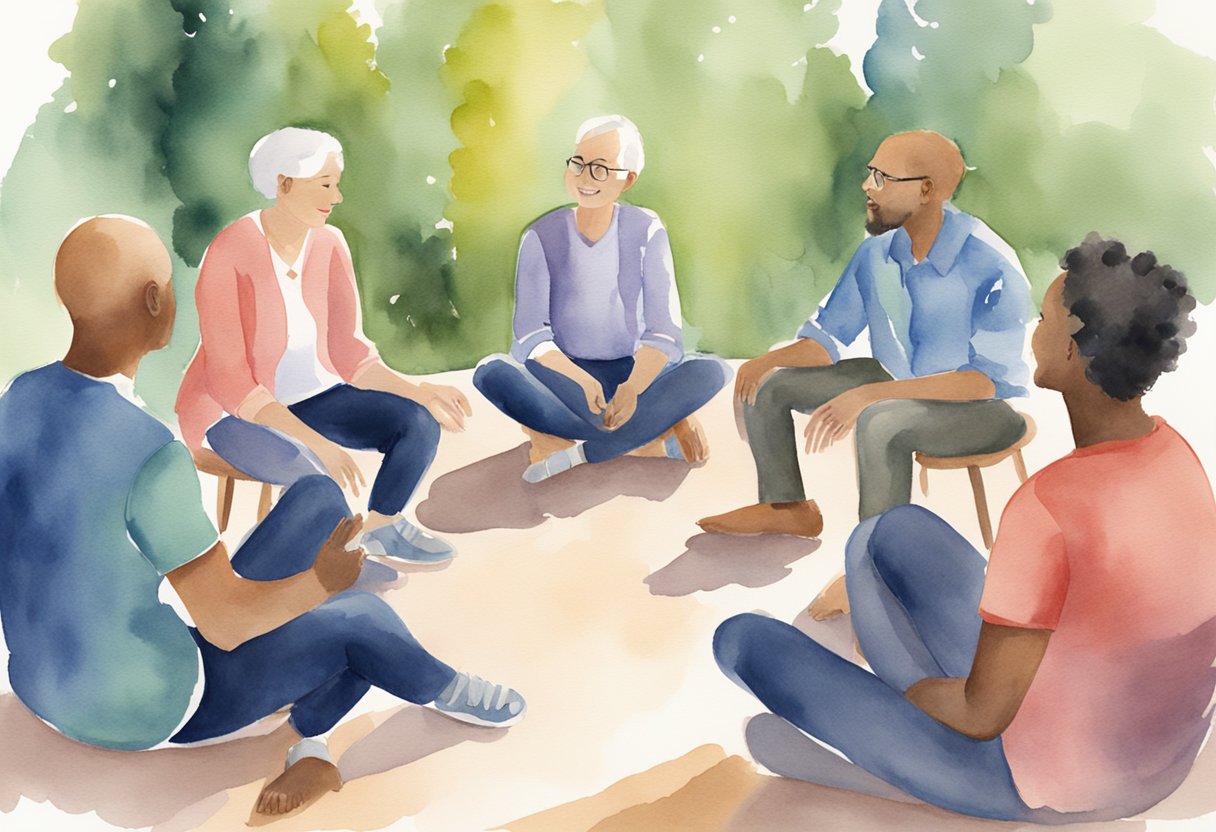 A person sits in a circle of supportive friends, talking openly about their cancer journey. The group's body language shows empathy and understanding