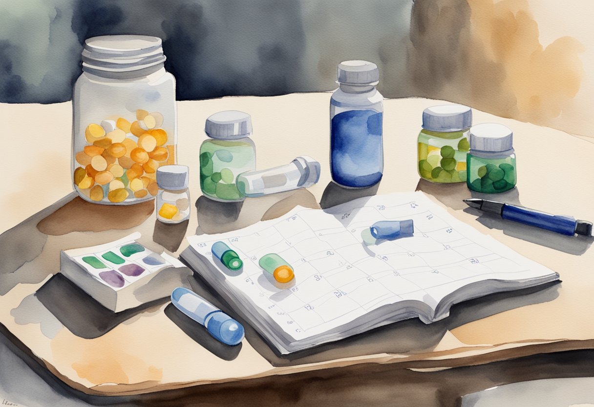 A table with various pill bottles and supplement containers, alongside a calendar with marked dates. A journal and pen sit nearby, indicating tracking and management of post-treatment fatigue