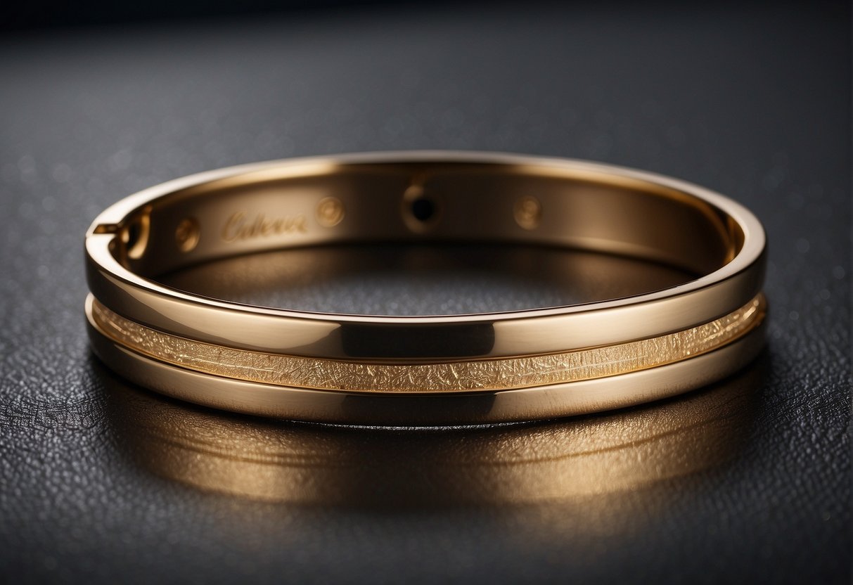 A Cartier Love Bracelet scrapes against a rough surface, leaving visible scratches on its smooth metal surface