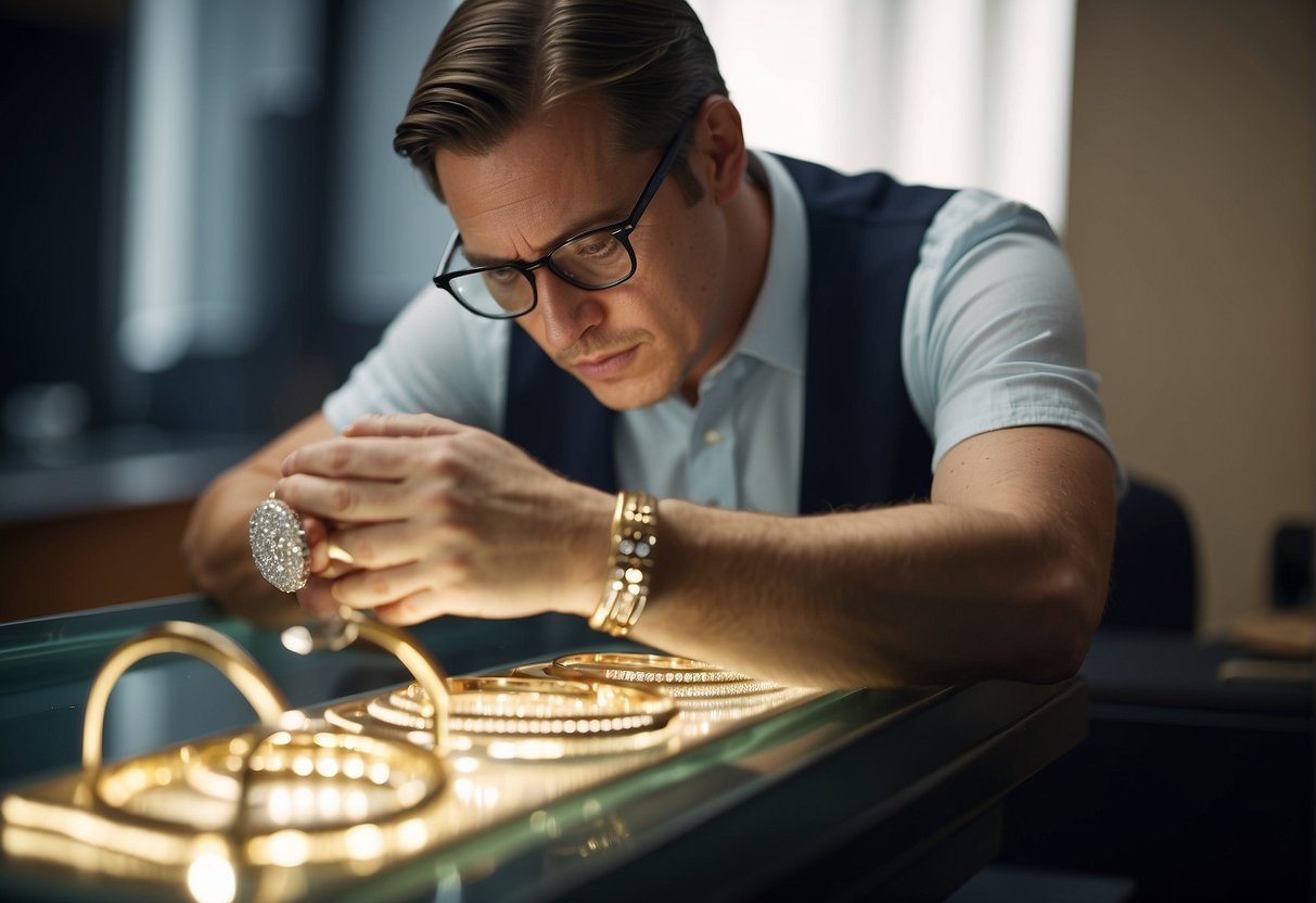 A jeweler carefully inspects a Cartier Love Bracelet for scratches, then gently polishes and buffs the surface to maintain its pristine condition