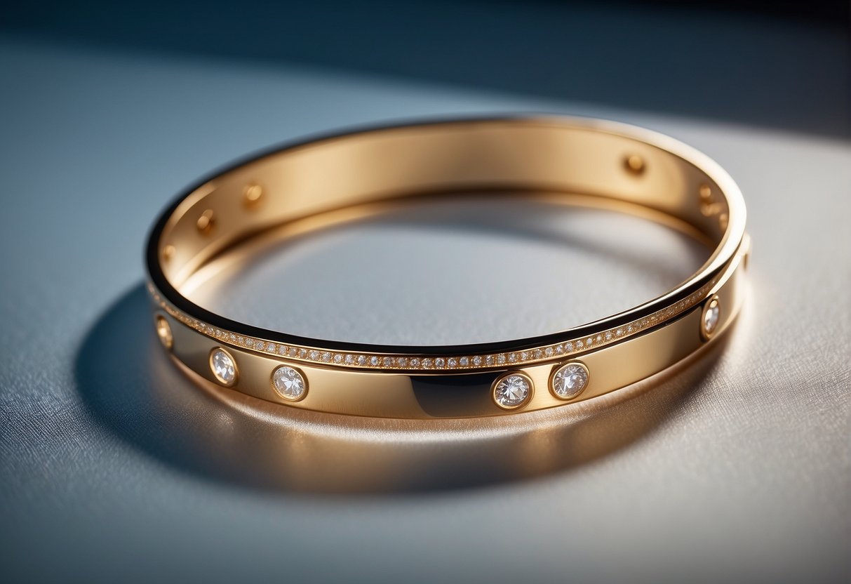 A Cartier Love Bracelet lies on a smooth, reflective surface. Light glints off its polished surface, showcasing its iconic screw motifs