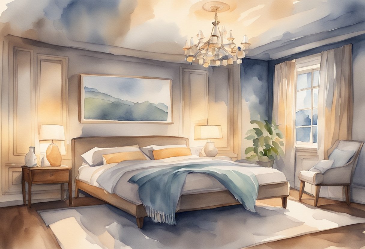 A peaceful bedroom with soft, dim lighting. A cozy bed with fluffy pillows and a warm blanket. A soothing atmosphere with calming colors and a serene ambiance