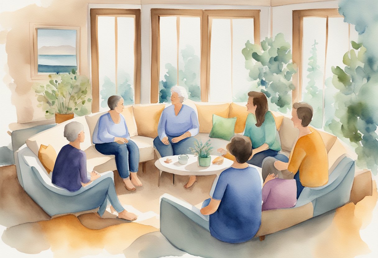 A cancer thriver sits with family, discussing treatment options openly and supportively