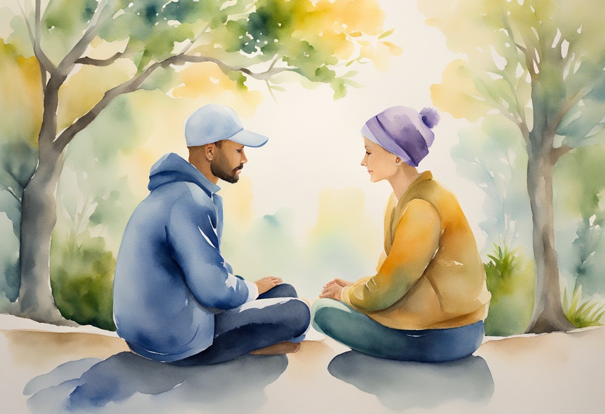 A couple sits facing each other, engaged in open and empathetic conversation. A sense of understanding and support is evident as they navigate the psycho-oncology aspects of cancer