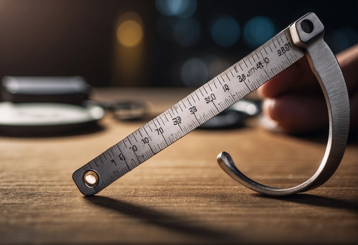 A ruler measures the circumference of a bracelet, while a caliper measures its width. The measurements are then recorded for sizing