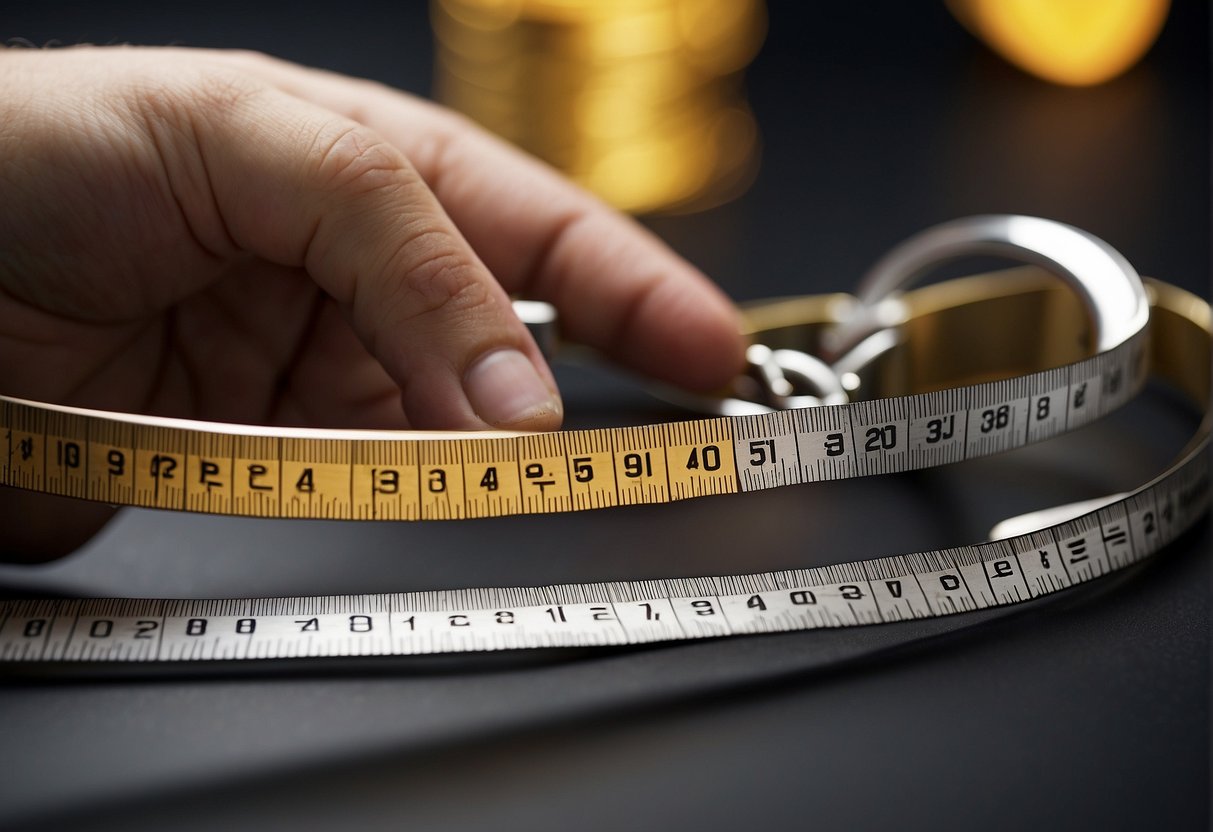 A ruler measures a bracelet's length, while a flexible tape measures the wrist's circumference. The two measurements determine the size of the bracelet