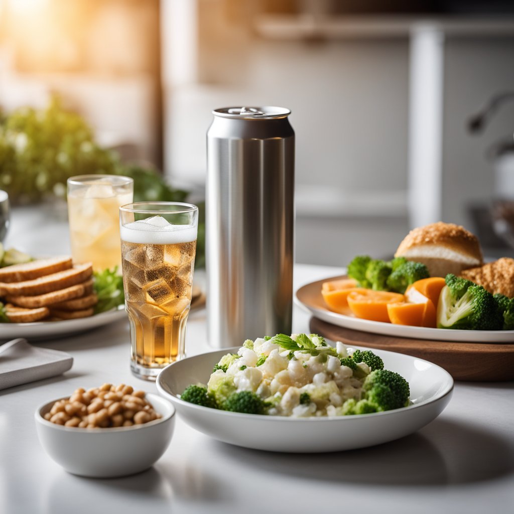 A can of diet soda sits next to a plate of keto-friendly foods, with a clear glass filled with ice nearby