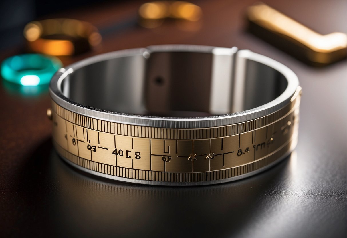 A ruler measuring the circumference of a bracelet on a flat surface