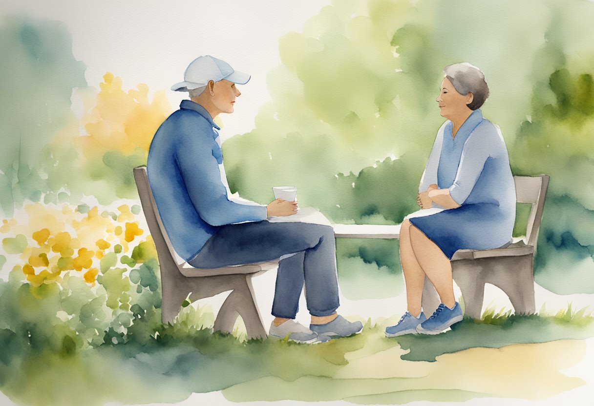 A person sits across from a loved one, discussing their cancer journey. Both are engaged in open and supportive communication, navigating treatment and post-treatment challenges together