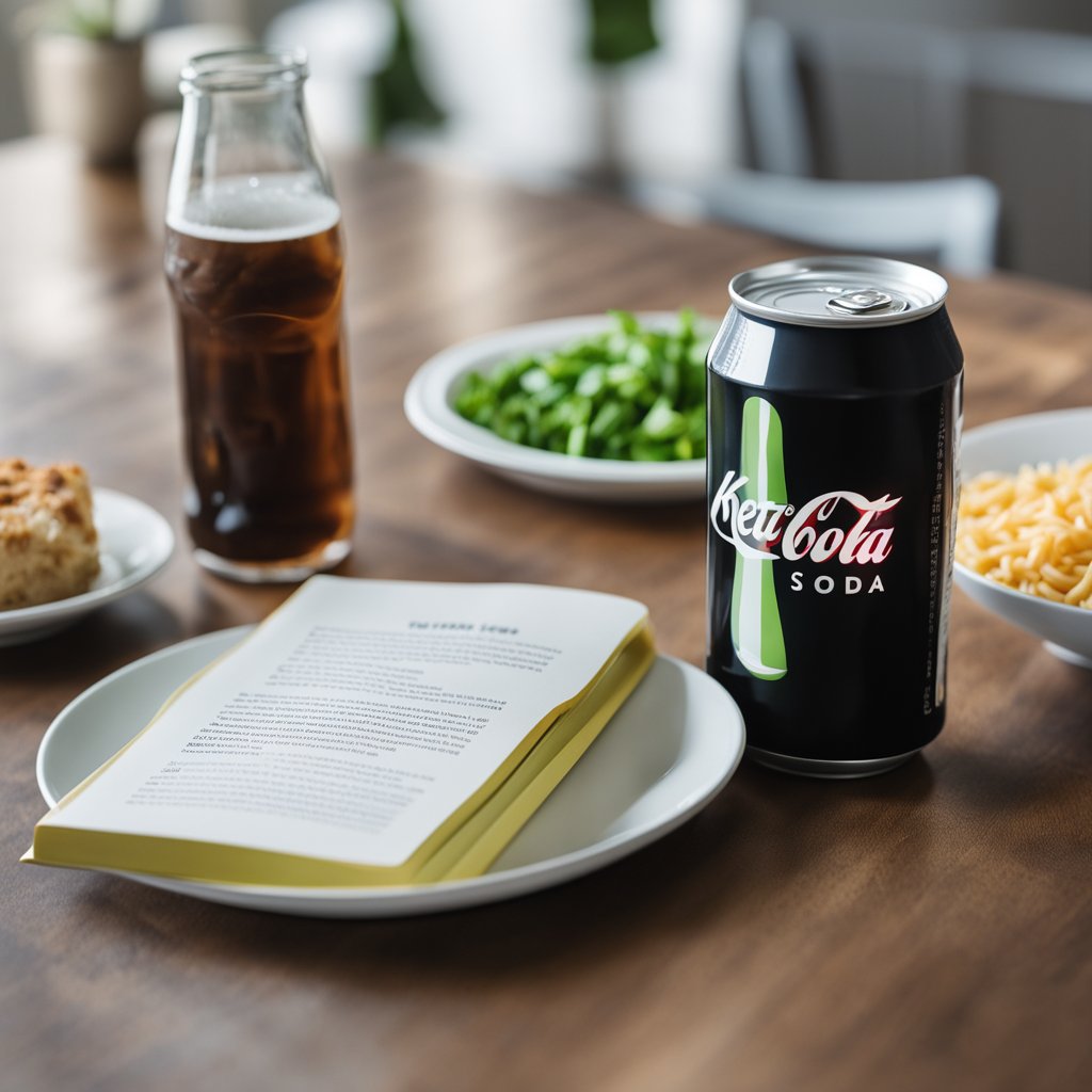 A can of diet soda sits on a table next to a plate of keto-friendly food, with a "Keto" book open nearby