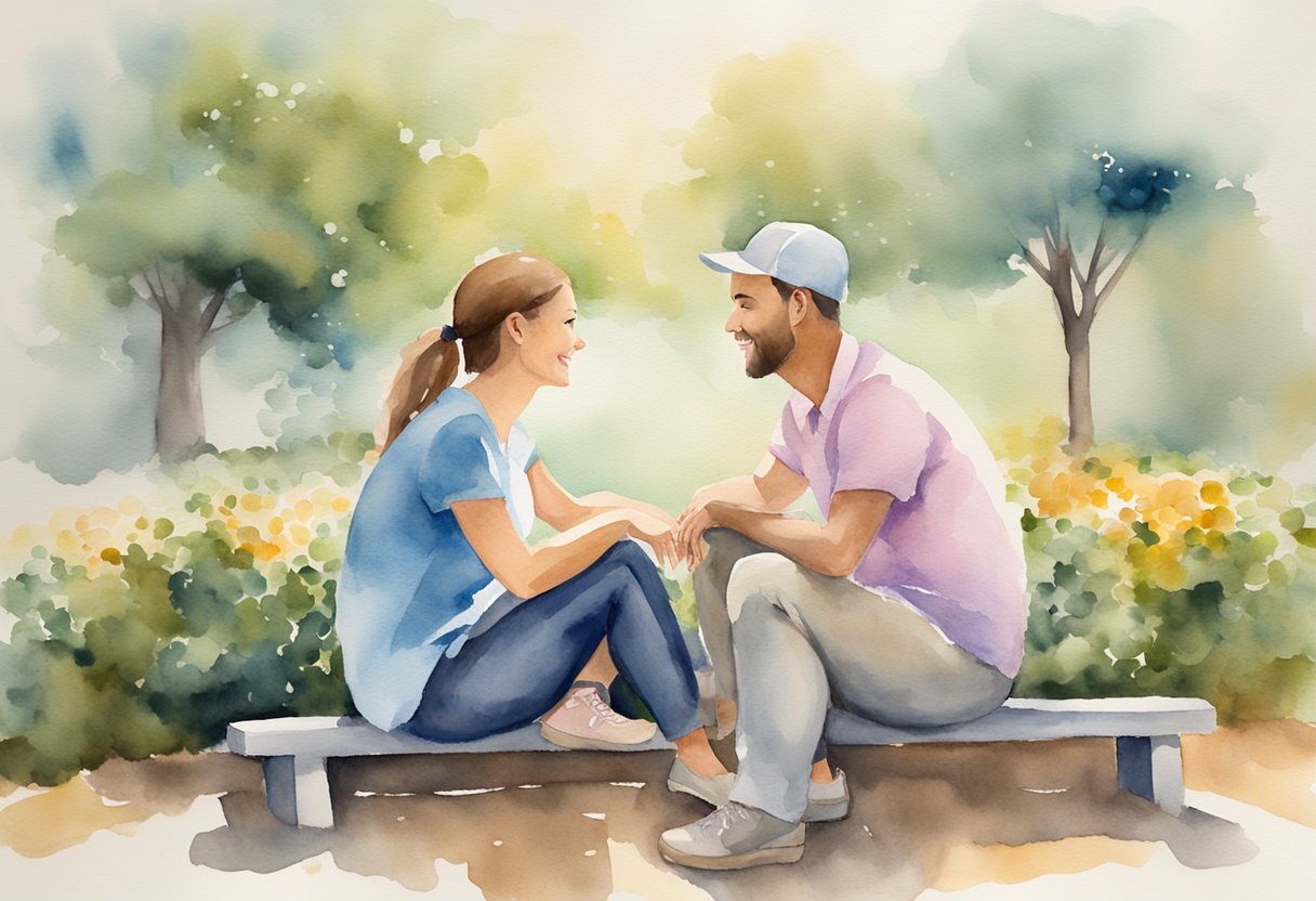 A couple sits facing each other, engaged in open and honest communication. A cancer thriver smiles, symbolizing intervention success