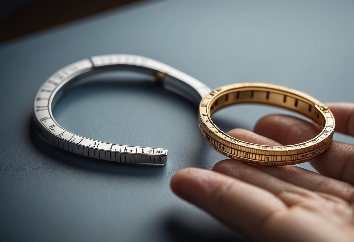 A close-up of a Pandora bracelet being measured with a ruler for sizing, next to a chart showing the different bracelet lengths and how they fit